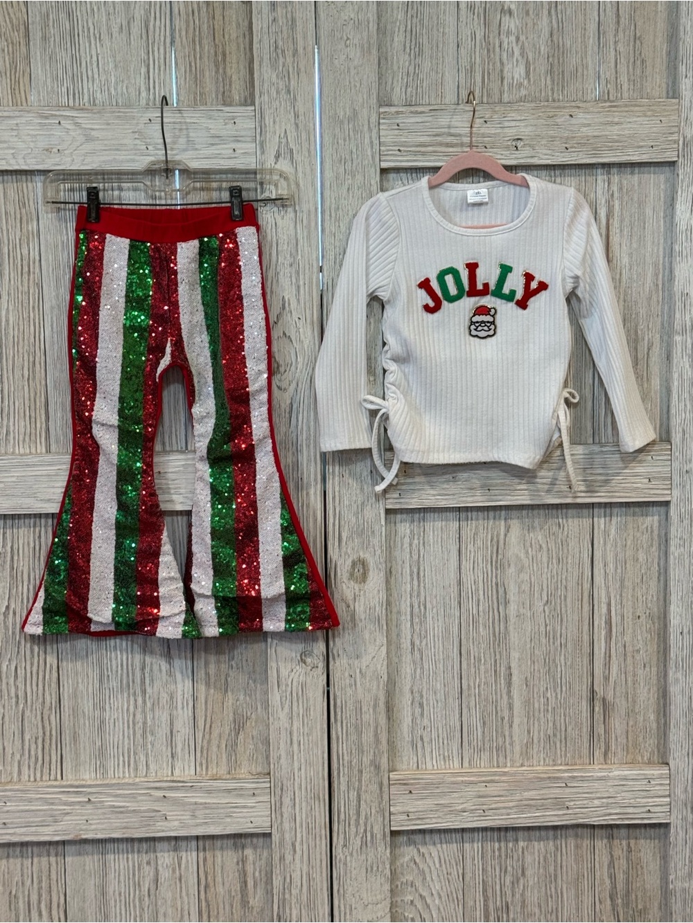 Unbranded Ribbed Knit Top & Red/Green Sequin Striped Bell-Bottom Sz 2XL (6/7)